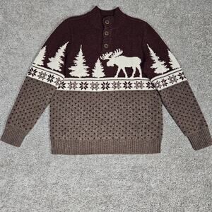 Duluth Trading Sweater Mens Medium Maroon Shetland Wool Fair Isle Moose Cabin